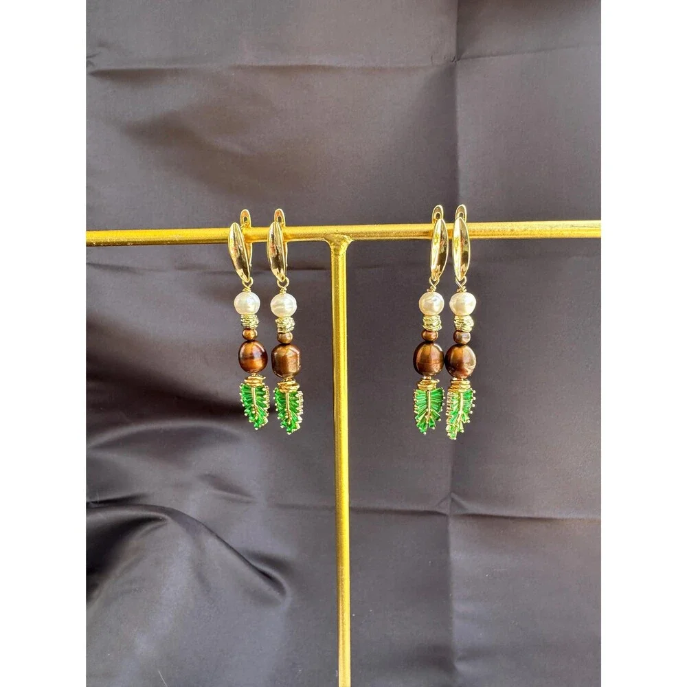 Nature-Inspired Leaf Long Dangle Earrings with Brown & white Freshwater Pearls -